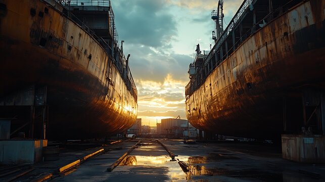 Rusty ships in dry dock sunset