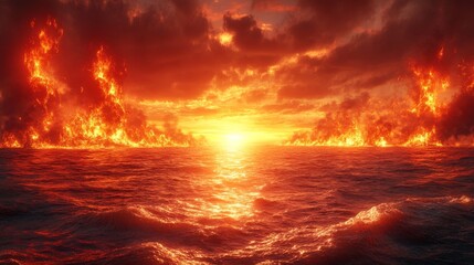 Fiery sunset over a burning sea, apocalyptic scene.