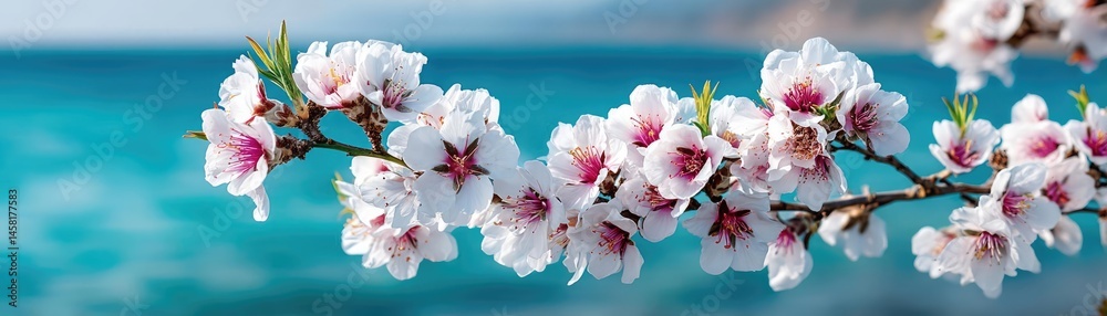 Poster blossoming apricot tree branches with beautiful blurred sky concept. beautiful cherry blossom tree b