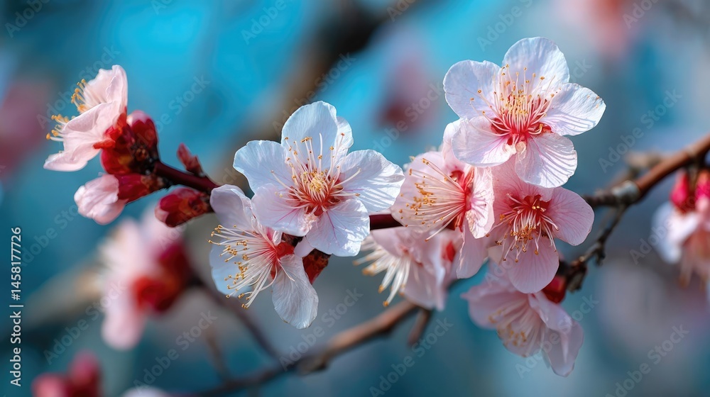 Poster blossoming apricot tree branches with springtime blue background concept. delicate pink cherry bloss