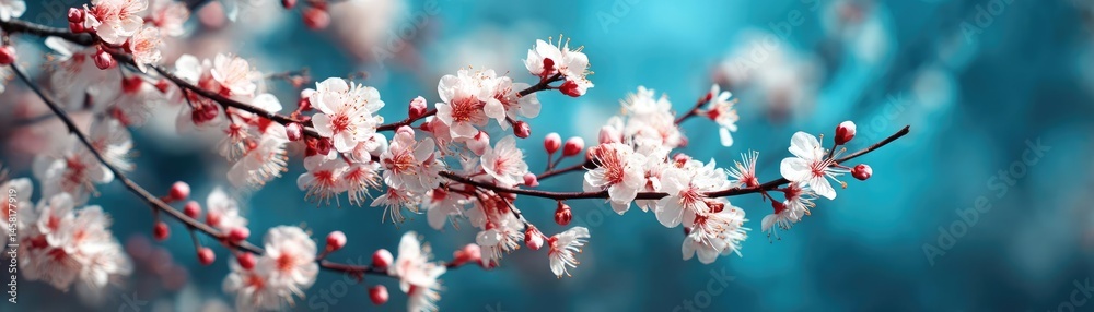Poster blossoming apricot tree branches with springtime blue background concept. delicate cherry blossom br
