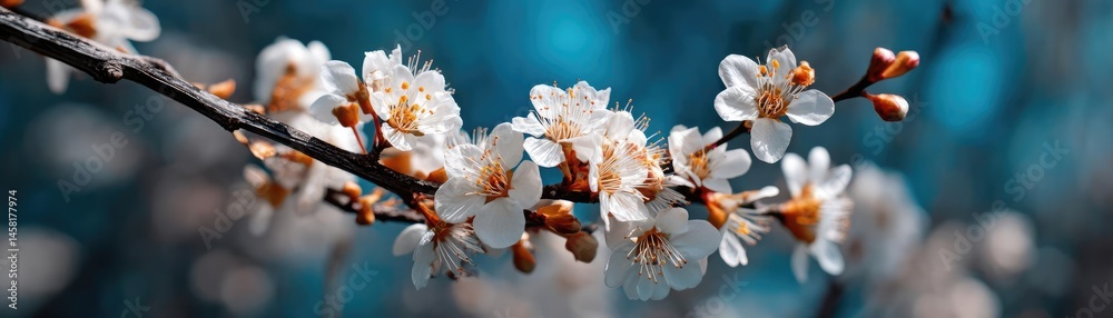 Poster blossoming apricot tree branches with springtime blue background concept. beautiful white blossoms o