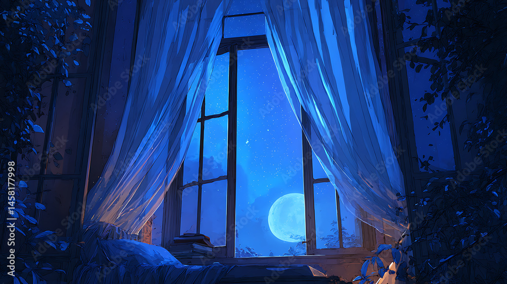 Poster enchanting scene of moonlight casting magic glow on window