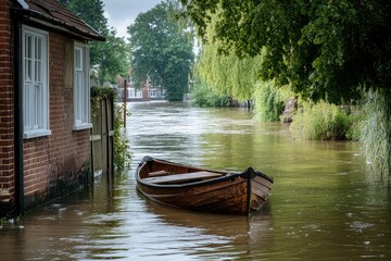 Obraz premium Floodwater surrounds homes along the River Thames causing disruption in the UK, Floodwater damage River Thames, UK