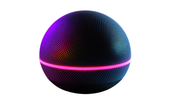Futuristic sphere speaker with vibrant pink and purple neon light glowing on a black background Mesh on transparent background