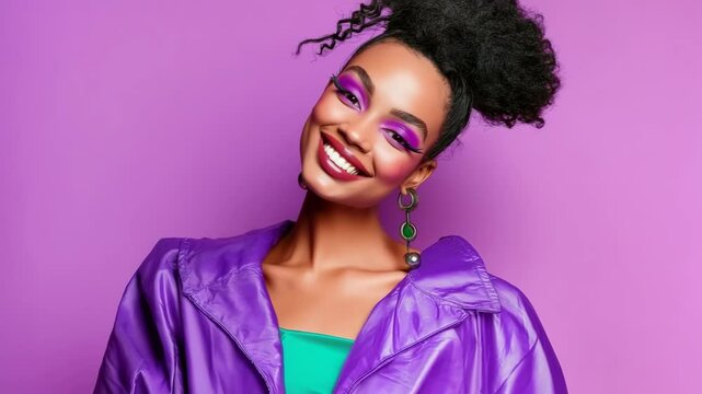 A woman in a purple jacket with purple makeup on her face. She is wearing a green shirt underneath the jacket