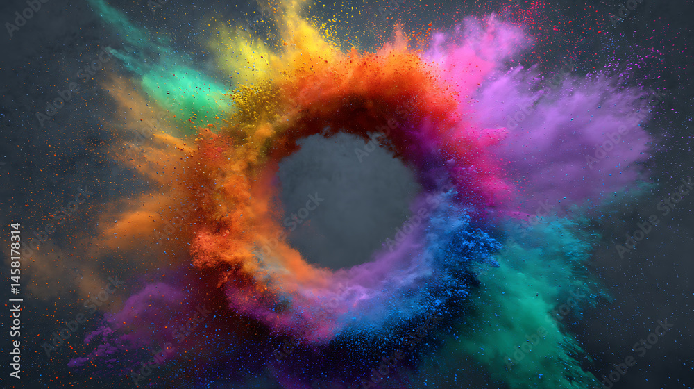 Poster Explosion of multicolor powder color in circle shape with background