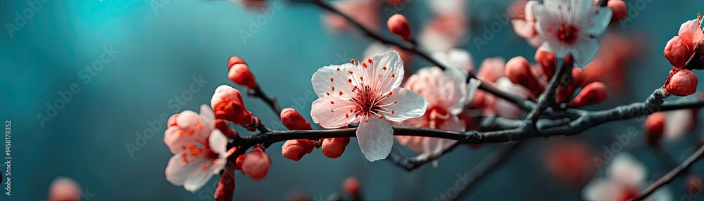 Poster blossoming apricot tree branches with springtime blue background concept. beautiful blossoms on a br
