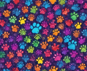 Vibrant rainbow paw prints, seamless doodle pattern,  graphic,  paw print illustration