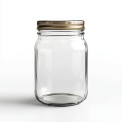 Empty glass mason jar with a gold lid against a bright white background