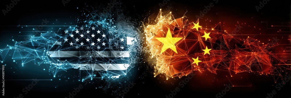 Poster Glowing Neural Networks of US and China Flags Collide, Representing Technological Rivalry and Global Impact in Digital Realms Generative AI