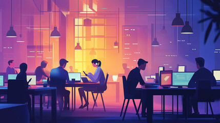 Fototapeta premium Busy Office Scene in Pop Art Style – Concept for National Workaholics Day