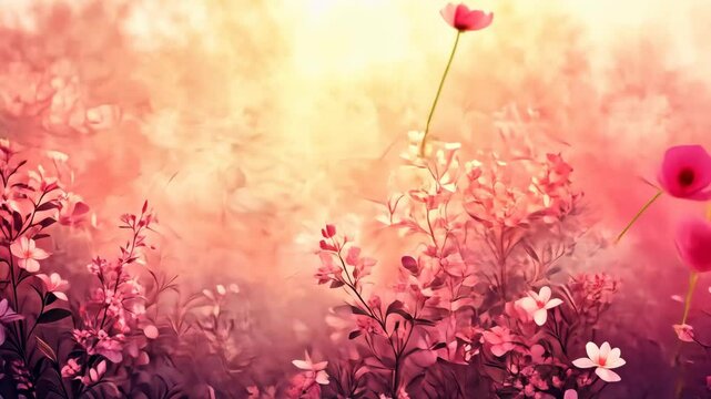 Pink flowers blooming in field, soft light, painterly background, dreamy scenery