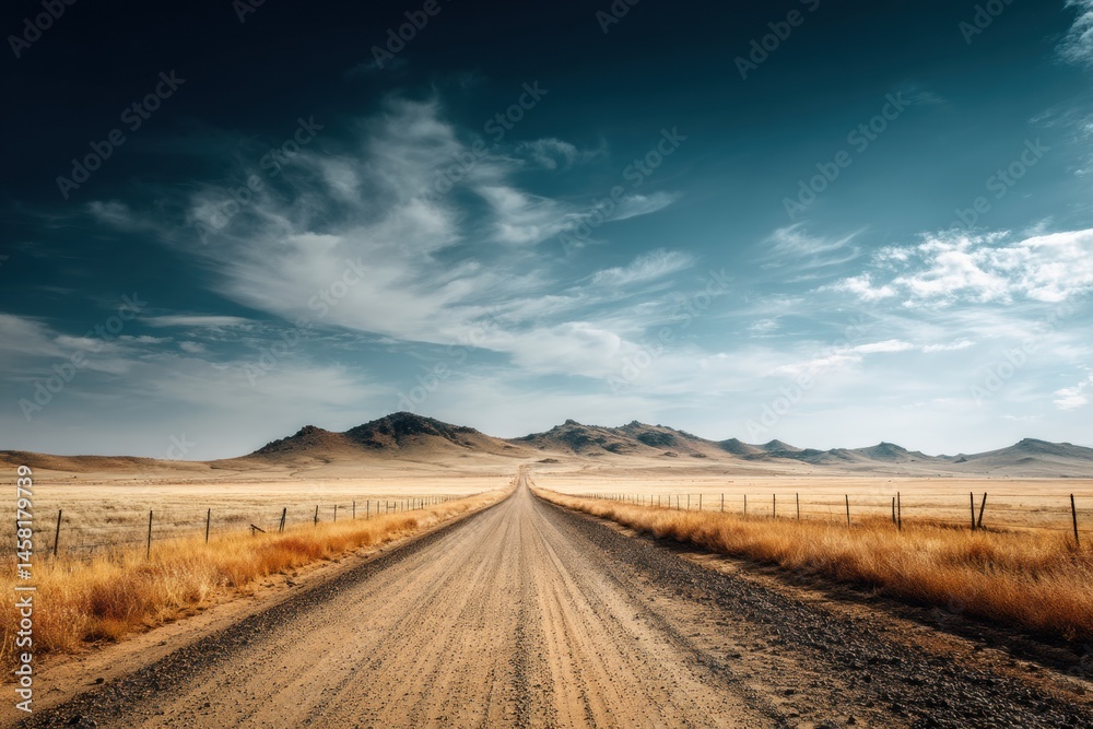 Poster expansive desert road stretches under a vast sky revealing shadows and gentle elevations generative 