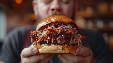 Hearty Pulled Pork Burger with a Happy Diner: A Delicious and Satisfying Meal Experience






