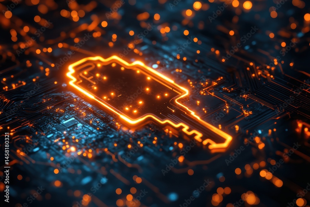 Aufkleber key icon illuminated on computer circuit board with glowing elements at night, key icon with compute