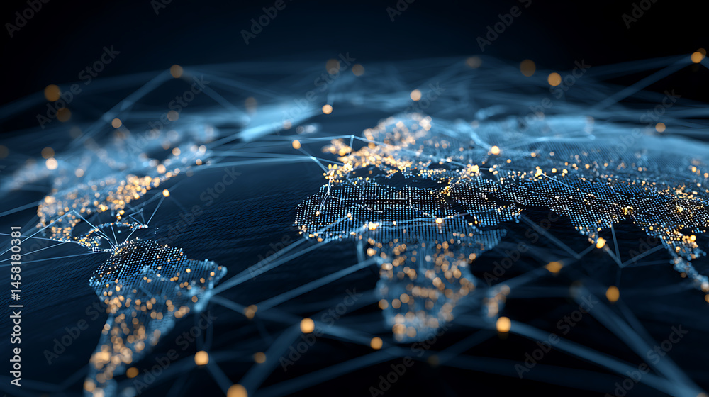 Poster global network concept with connections between major cities on blue digital map