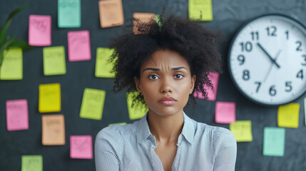 Stressed Woman Surrounded by Sticky Notes and Clocks – Concept of Burnout and Overwork