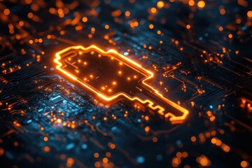 Key icon illuminated on computer circuit board with glowing elements at night, key icon with computer circuit board over light trails on black background