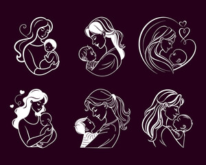 Mother and Child Line Art Vector Bundle | Mother's Day Illustration Set