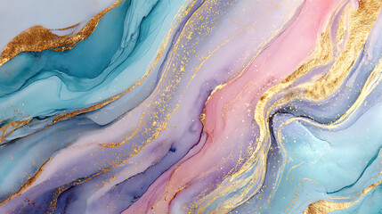 Fototapeta premium Pastel color swirling watercolor background with gold streaks, marble stone texture grains, art abstract paint