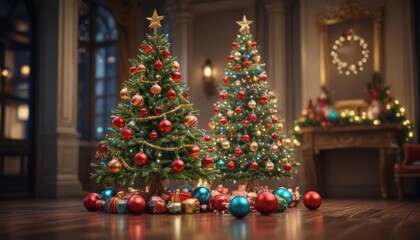 Ornate Christmas tree, vibrant baubles, bokeh lights ,  design,  shiny