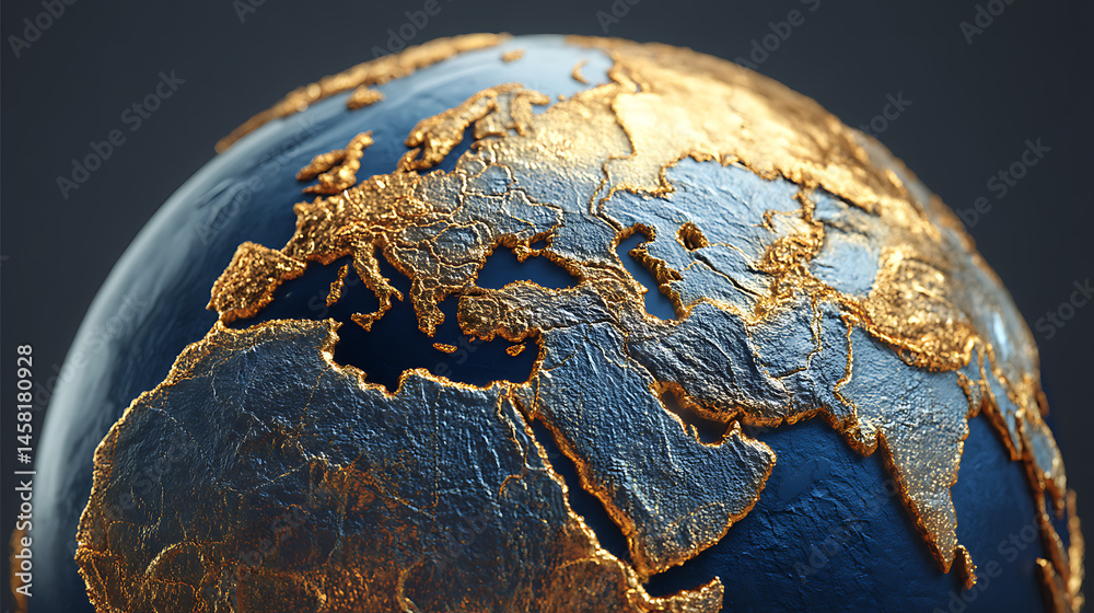 Poster golden and blue textured globe with visible continents