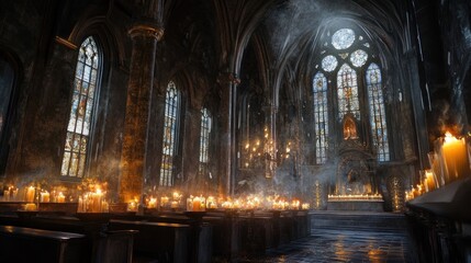 Fototapeta premium Dimly lit church interior with candles and stained glass windows