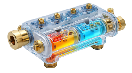 Isolated on white, a red and blue car battery charger, an electric tool, sits near a metal car engine, representing automotive power technology