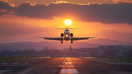 Naklejka premium Private jet landing on airport field during sunset