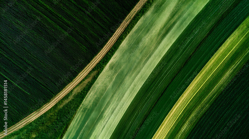 Poster Green abstract image of diagonal lines from different crops in field in early summer, shoot from drone directly above ground