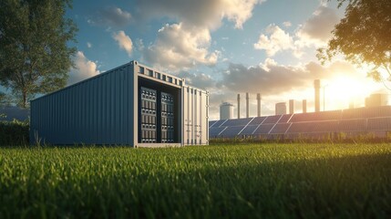 Obraz premium Sustainable energy containerized server farm in a grassy park
