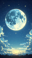 Fototapeta premium A luminous, pale-blue moon dominates a twilight sky, partially obscured by wispy clouds above a silhouetted landscape