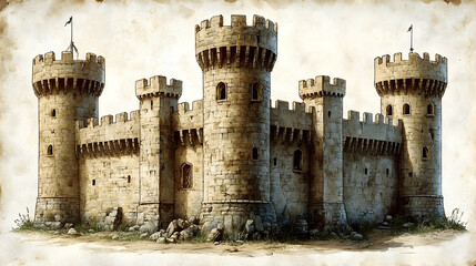 A majestic stone castle, with three imposing towers, stands on rocky ground, depicted in aged-paper style