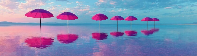 Pink summer vacation by the pool with pastel umbrella concept. Colorful beach umbrellas reflect on serene water at sunset.