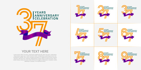 Anniversary logo type set with double line number. orange and green color with purple ribbon for celebration event