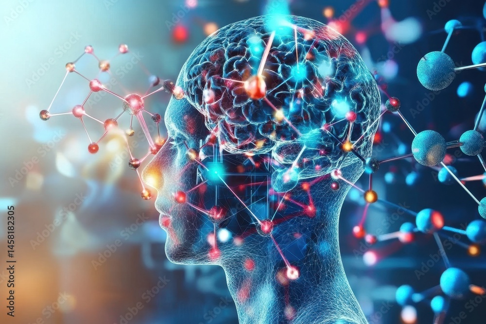 Poster exploring the intersection of data processing, molecular structures, and brain science, data process