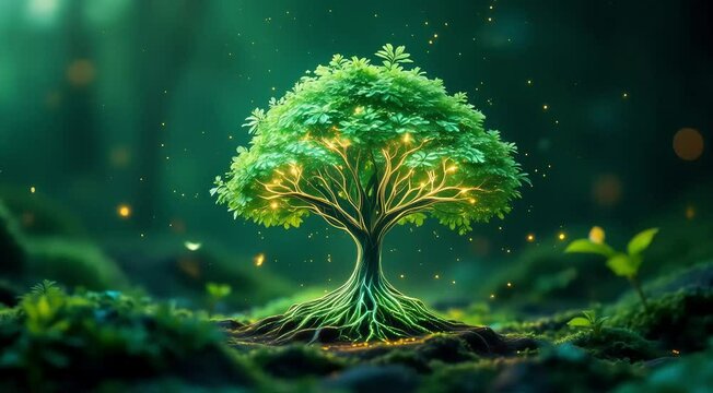 Enchanting glowing tree in mystical forest setting A vibrant, digitally enhanced image of a lush green tree, illuminated by glowing lights, standing in a mystical forest.