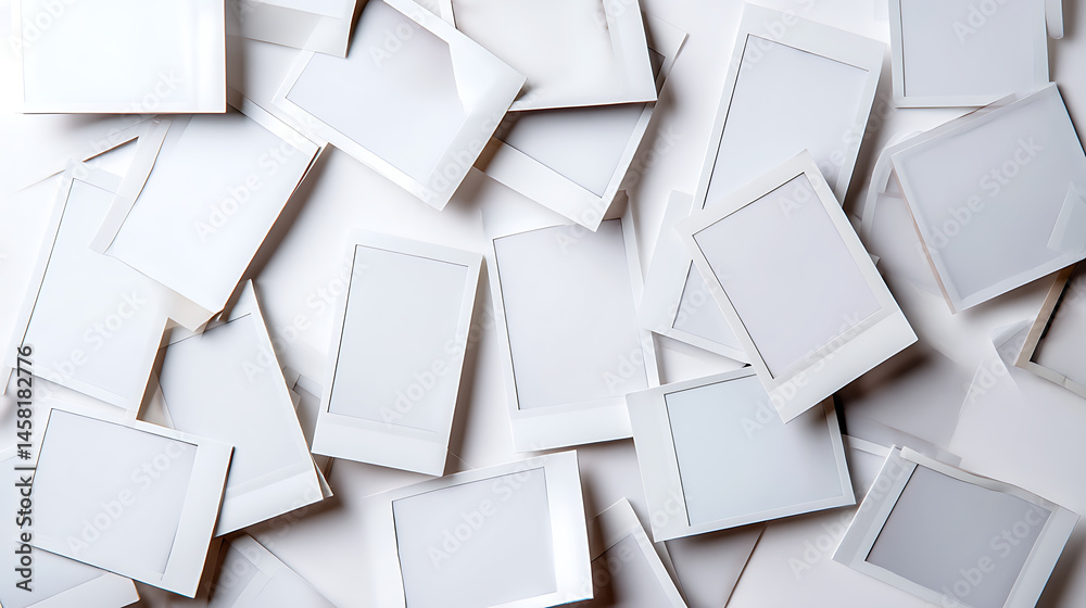 Poster Scattered blank instant photo frames on white background