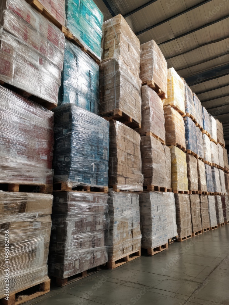 Leinwandbilder warehouse filled with organized pallets wrapped in plastic standing in neat rows generative ai