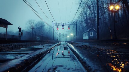 Obraz premium Misty, early morning view of a rural train track.