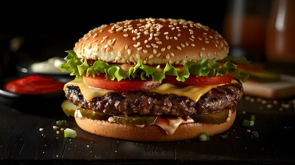 Classic All-American Cheeseburger: A Perfectly Layered Delight with Fresh Toppings

