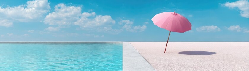 Fototapeta premium Pink summer vacation by the pool with pastel umbrella concept. A serene scene with a pink umbrella by a tranquil pool.