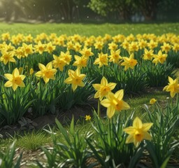Obraz premium Sunny yellow daffodils burst forth in a vibrant green field , natural, vibrant