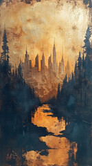 A river flows through a dark forest towards a distant, golden city silhouetted against a sunset sky