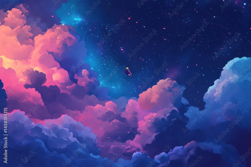 Canvas Prints astronaut floats among vibrant clouds under a star-filled sky in deep space, single astronaut floati