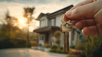 Close up a hand of person holding house keys to a new home, symbolizing new beginnings and homeownership. Homeowner, New property concept