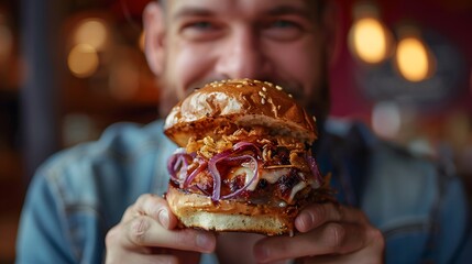 Hearty Pulled Pork Burger with a Happy Diner: A Delicious and Satisfying Meal Experience






