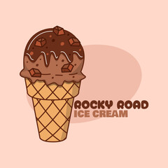 National Rocky Road Day to celebrate on June 2nd. A chocolate ice cream cone named rocky road ice cream with bold text on beige background.