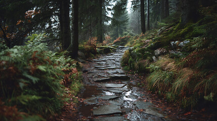 Obraz premium Stone path through wet moody european forest